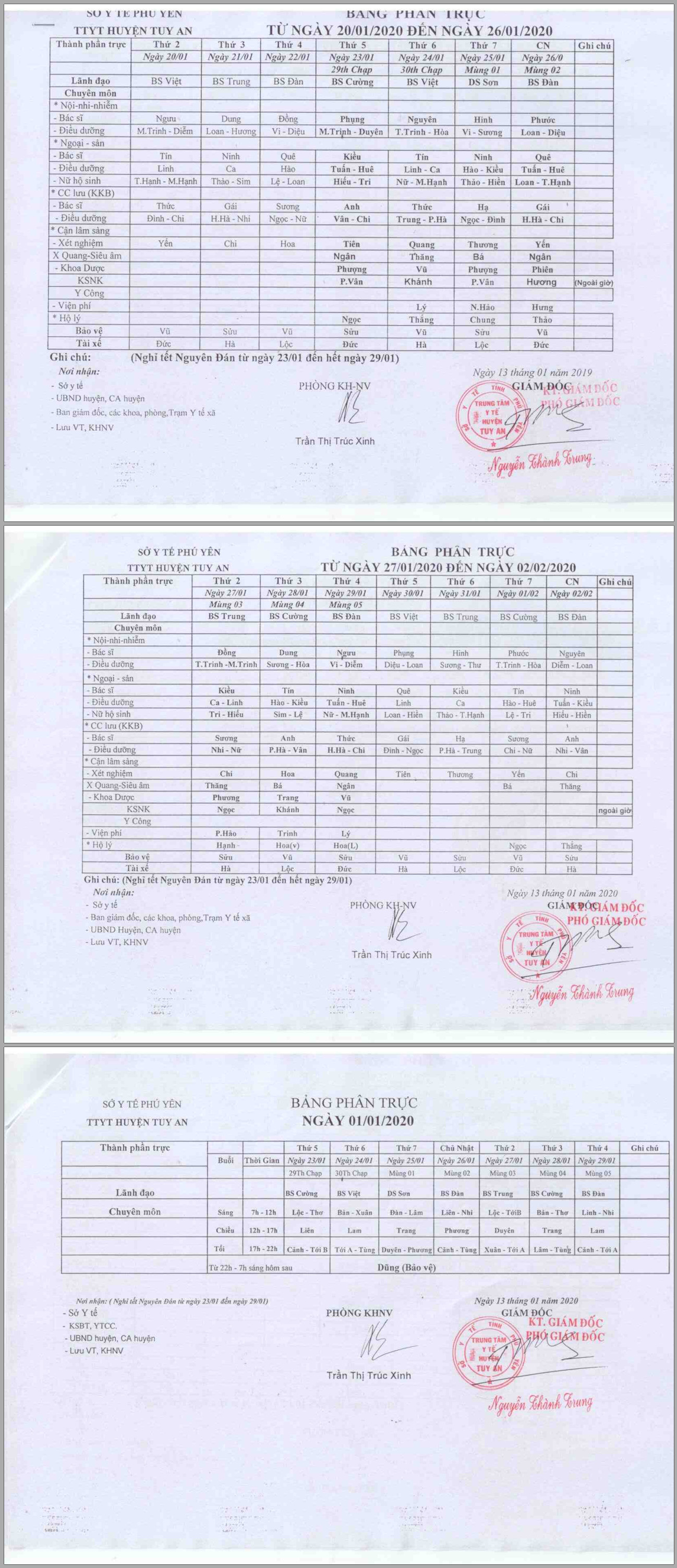 Lịch trực trước, trong, sau Tết nguyên đán Canh Tý 20/1-2/2/2020